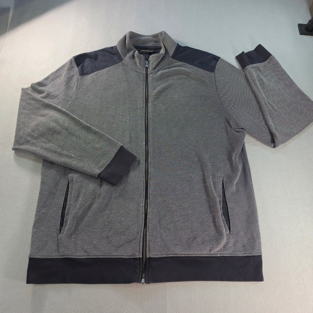 Banana Republic Mens XL Full Zip Mock Neck Jacket Gray Navy Blue Textured Knit